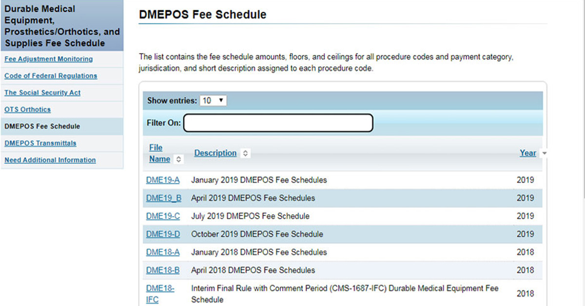 DMEPOS Fee Schedule Screenshot