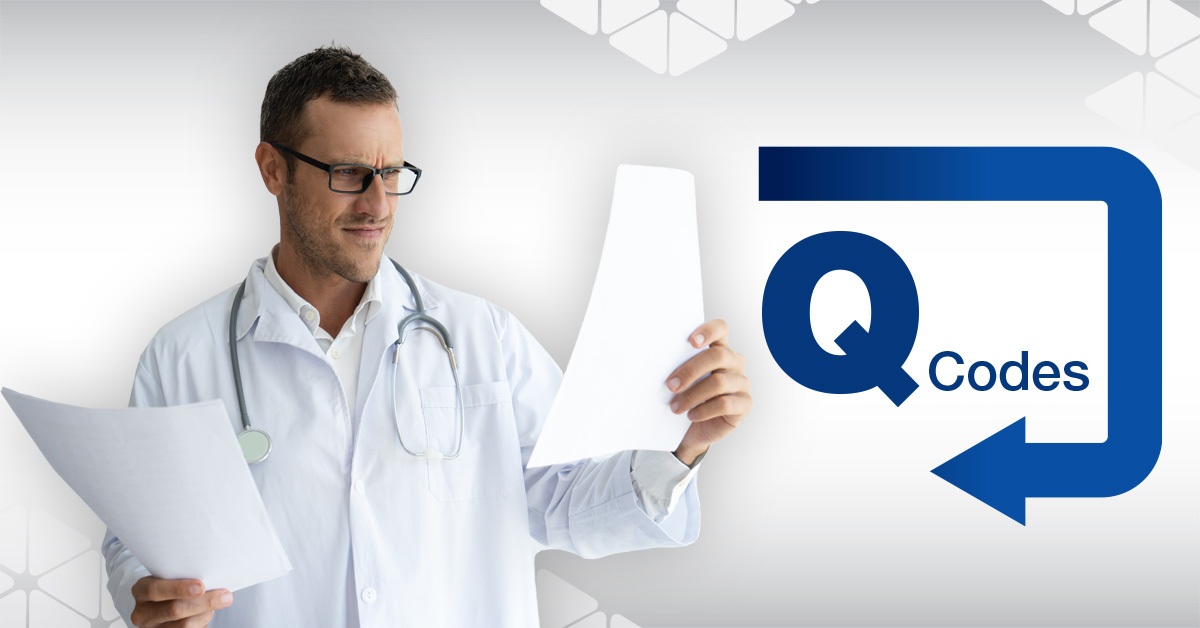 Confused Doctor looking at Paper with Turned Arrow pointing at words Q Codes